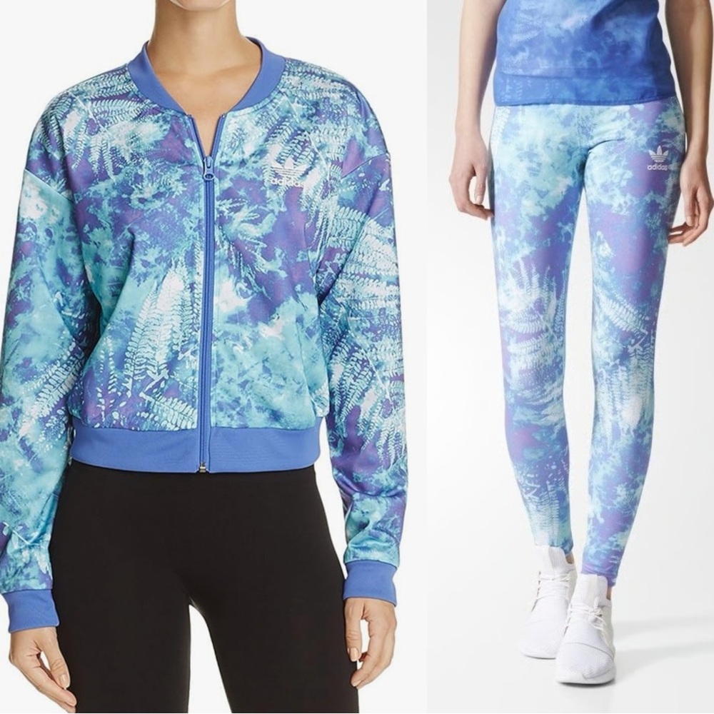 Adidas Blue White Ocean Elements Tie-Dye Activewear Set Jacket Leggings Tights